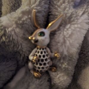 Trifari White and Gold Rabbit Brooch with Green Eye